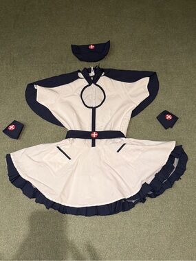 Six Piece Navy and White Sexy Nurse Costume Set with Dress and Accessories